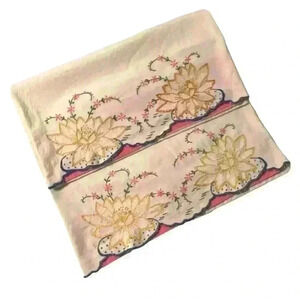 Set of 2 vintage handmade embroidered flour sack pillowcases lotus flower
